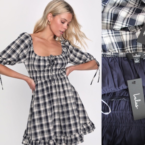 Lulus NWT Plaid Countryside Aura Navy Blue Plaid Short Sleeve Mini Dress Small - Picture 3 of 14
